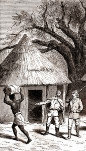 Exploradores y porteadores delante de una cabaña africana,1887 (