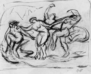 Composición de figuras con mujeres bañándose y bailando