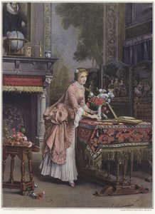 Una mujer colocando un jarrón de flores en una mesa de Emile Pierre Metzmacher