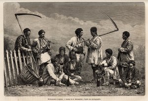 Los cosechadores búlgaros durante su descanso. Grabado después del dibujo de E. Metzmacher, ilustrando el viaje a Bulgaria, por Guillaume Lejean, en 18 de Emile Pierre Metzmacher