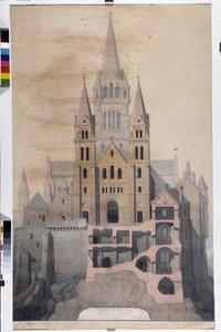 Arquitectura gótica: fachada de la iglesia y corte de las casas abaciales. Dibujo del Museo Municipal de Avranches (Manche)