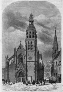 Vista exterior de la iglesia de San Martín (siglos XV-XVI) de Vendôme, Loir y Cher (41), antes de su demolición en 1857. Grabado por Therond en "Le Magasin Picturesque" de Emile Theodore Therond