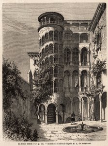 La Scala Antica, dibujo de Therond, para ilustrar el viaje de Adalbert de Beaumont a Venecia, alrededor de 1850. Grabado en 