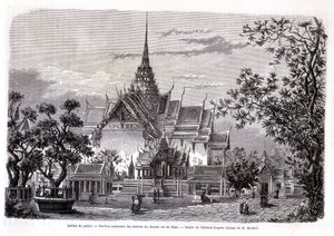 Jardín del palacio. Pabellón que contiene las cenizas del último rey de Siam. Dibujo de Thérond del álbum de M. Mouhot. 