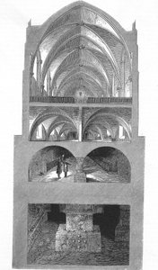 Vista en sección de la cocina, bodegas y catacumbas de la escuela secundaria Napoleón en París de Emile Theodore Therond