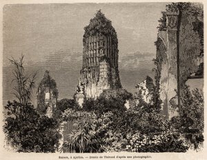 Las ruinas tomadas en la vegetación de la jungla, en Ajuthia (Tailandia), dibujo de Therond, para ilustrar el viaje por los reinos de Siam, Camboya y Laos, de 1858 a 1861, por Henri Mouhot. Grabado en “Le tour du monde”, editado por Edouard Charton de Emile Theodore Therond