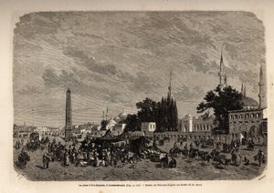 La plaza de Ett Meydan, Constantinopla (actual Estambul, Turquía), dibujo de Therond, para ilustrar el estudio sobre las mujeres turcas, de 1862, por F. Jerusalemy. Grabado en "Le tour du monde", editado por Edouard Charton de Emile Theodore Therond