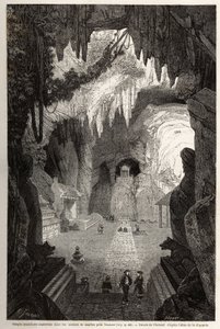Templo budista subterráneo en rocas de mármol cerca de Tourane, dibujo de Therond, para ilustrar las notas de una correspondencia única con Cochinchina. Grabado en "Le tour du monde, nouveau journal des voyages" París de Emile Theodore Therond