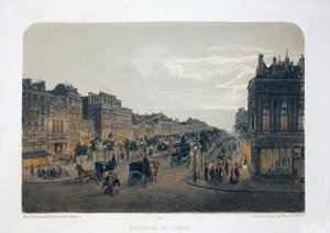 Boulevard du Temple, París. Acuarela litográfica, ilustración de E.de la Tramblaiz, en "Album, souvenirs de Paris", Daziaro editor, París de Emile de la Tramblais