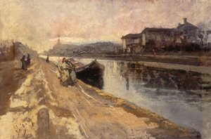 Plebeyos a lo largo del canal del Naviglio de Emilio Gola