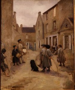 Niños jugando con aros en una calle, Arromanches