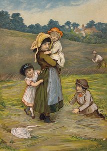 Niños con su madre en la vendimia (cromolito) de Emily Jane Harding Andrews