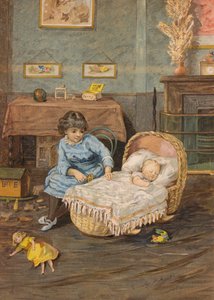 Niña cuidando a un bebé en una cuna (cromolito) de Emily Jane Harding Andrews