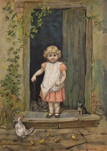 Niña dando de comer a las gallinas desde la puerta de su casa (cromolito) de Emily Jane Harding Andrews