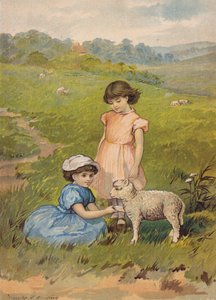 Dos niñas acariciando un cordero (cromolito) de Emily Jane Harding Andrews