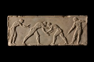 Base de jugador de pelota, lado frontal. Parte de la base de jugador de pelota de Endoios. De Atenas, c. 510 a.C.