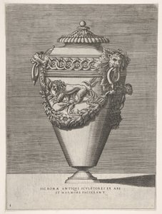 Urna antigua con tapa decorada con un motivo de anillos de diamantes y leones, de Vasijas