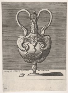 Jarrón antiguo con tapa y dos asas emergiendo de las cabezas de esfinges híbridas de Enea Vico