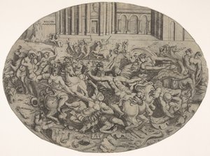 Combate entre amazonas y hombres frente a arcadas arquitectónicas, una composición ovalada con..., 1543 de Enea Vico