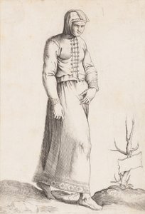 Placa de vestuario: Mujer con prenda con capucha, ca. 1557-58 de Enea Vico