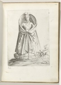 Flandes (título sobre objeto) Een vrouw uit Vlaanderen, gekleed volgens de mode van ca. 1550 La actitud de los comerciantes contemporáneos (título de la serie) de Enea Vico