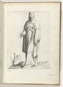 Español (título sobre objeto) Vrouw en Spaanse kleding. California. 1550 La actitud de los comerciantes contemporáneos (título de la serie) de Enea Vico