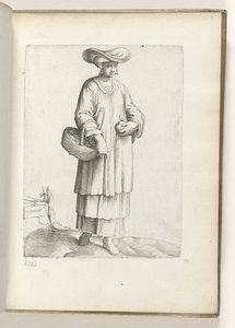 Español (título sobre objeto) Vrouw conoció a mand en Spaanse kleding. California. 1550 La actitud de los comerciantes contemporáneos (título de la serie) de Enea Vico