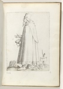 Español (título sobre objeto) Oude man, naar links, en Spaanse kleding. California. 1550 La actitud de los comerciantes contemporáneos (título de la serie)