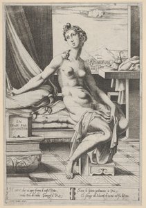 Lucrecia desnuda y sentada frente a una ventana, un puñal en su mano derecha y sosteniendo, ca. 1535-67 de Enea Vico
