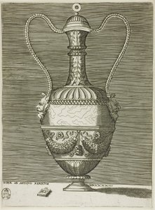 Jarrón con dos máscaras grotescas, plato seis de Una serie de jarrones dibujados según la antigüedad