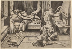 Venus reclinada con Vulcano en su fragua de Enea Vico after Parmigianino