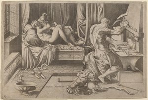 Venus y Marte abrazándose con Vulcano en su fragua de Enea Vico after Parmigianino