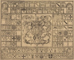 Escudos de armas con retratos en las esquinas de Enrique VII, Enrique VIII, Eduardo VI y María de English 16th Century
