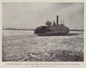 Después de la tormenta de nieve, un ferry de Nueva York abriéndose paso a través del hielo en el East River de English Photographer