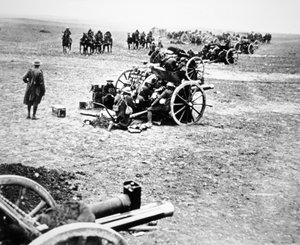 Cañones de campo británicos de 18 libras en acción en el Frente Occidental de English Photographer