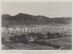 Campamento en Wellington del Contingente de Nueva Zelanda para el Servicio en Sudáfrica, Tropas y Cuerpos de Voluntarios Visitantes formados para el Servicio Divino, conducido por el Capellán, Obispo Wallis de English Photographer