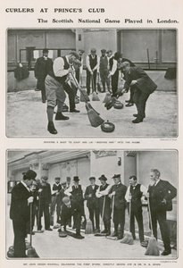 Jugadores de curling en el Princes Club, el juego nacional escocés en Londres de English Photographer
