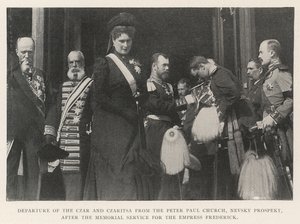 Salida del Zar y la Zarina de la Iglesia de Pedro y Pablo, Nevsky Prospect, después del Servicio Memorial para la Emperatriz Federica
