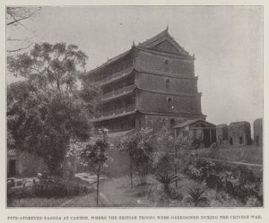 Pagoda de cinco pisos en Cantón, donde las tropas británicas estuvieron guarnecidas durante la guerra china de English Photographer