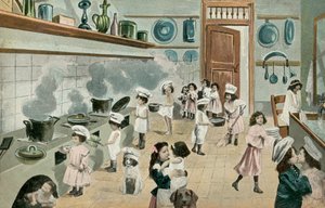 Niñas cocinando en la cocina (foto coloreada) de English Photographer