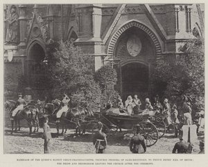 Matrimonio de la bisnieta mayor de la reina, la princesa Feodora de Sajonia-Meiningen, con el príncipe Enrique XXX de Reuss, la novia y el novio saliendo de la iglesia después de la ceremonia de English Photographer