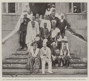 El Sr. Llewellyn y los jefes senegambianos en los escalones de la Casa de Gobierno, Bathurst, Río Gambia, África Occidental