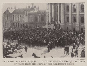 El Día de la Paz en Adelaide, 2 de junio, Lord Tennyson anunciando los términos de la paz desde los escalones del Parlamento de English Photographer