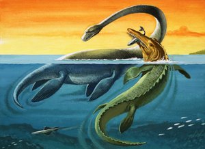 Criaturas prehistóricas en el océano (gouache sobre papel)