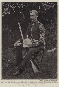 Soldado Hayhurst, 13º Batallón de Rifles Canadienses, Hamilton, Ontario, Ganador del Premio de la Reina en Bisley, con Medalla, Insignia y Cheque