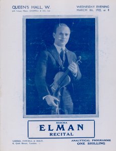 Programa para el recital de Mischa Elman, Queens Hall, el 8 de marzo de 1922 de English Photographer