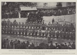 Recepción en Kingston-on-Thames del Cuerpo de Servicio de los 2nd East Surrey Volunteers regresados de Sudáfrica, el Alcalde dando la bienvenida a los Hombres en la Piedra de la Coronación de English Photographer