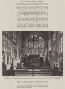 Restauración de la iglesia, Stratford-on-Avon, el presbiterio, con la tumba de Shakespeare
