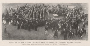 Regreso del contingente de Nueva Zelanda del Transvaal, recepción en Port Chalmers, donde los hombres desembarcaron del RMS Tongariro de English Photographer