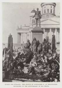 Rusia y Finlandia, la estatua de Alejandro II en Helsingfors, decorada en el aniversario de su muerte de English Photographer